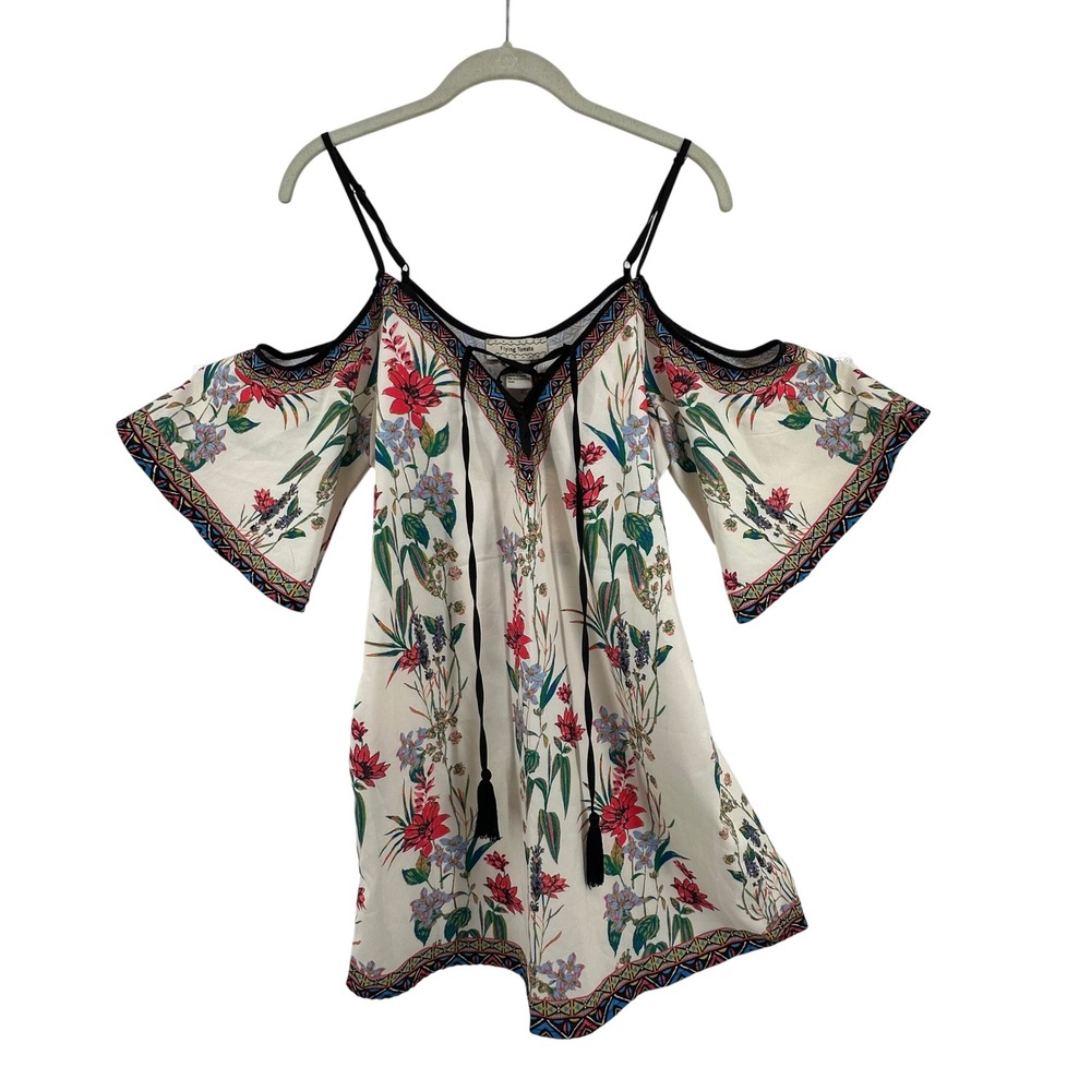 Flying Tomato Top Cold Shoulder Womens S Cream Floral Boho Tassel Festival